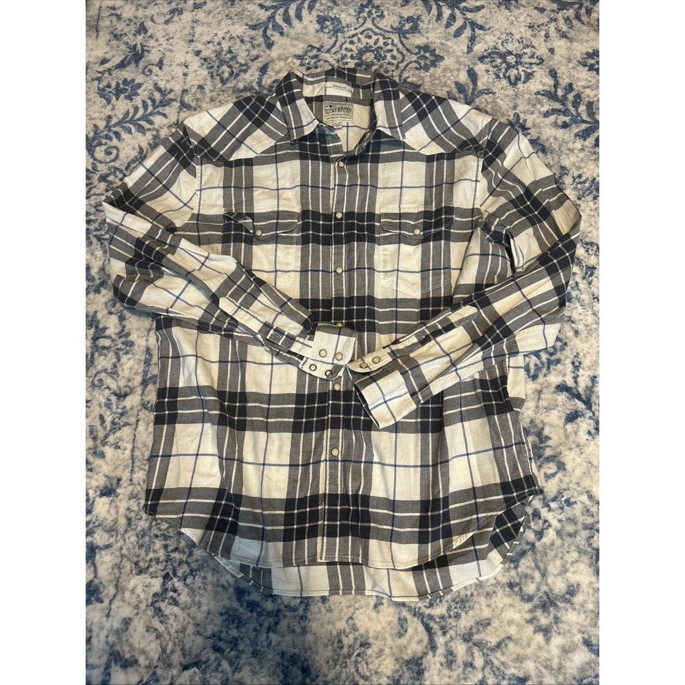 Lucky Brand Shirt Men 2XL Beige Pearl Snap Western California Saturday Stretch
